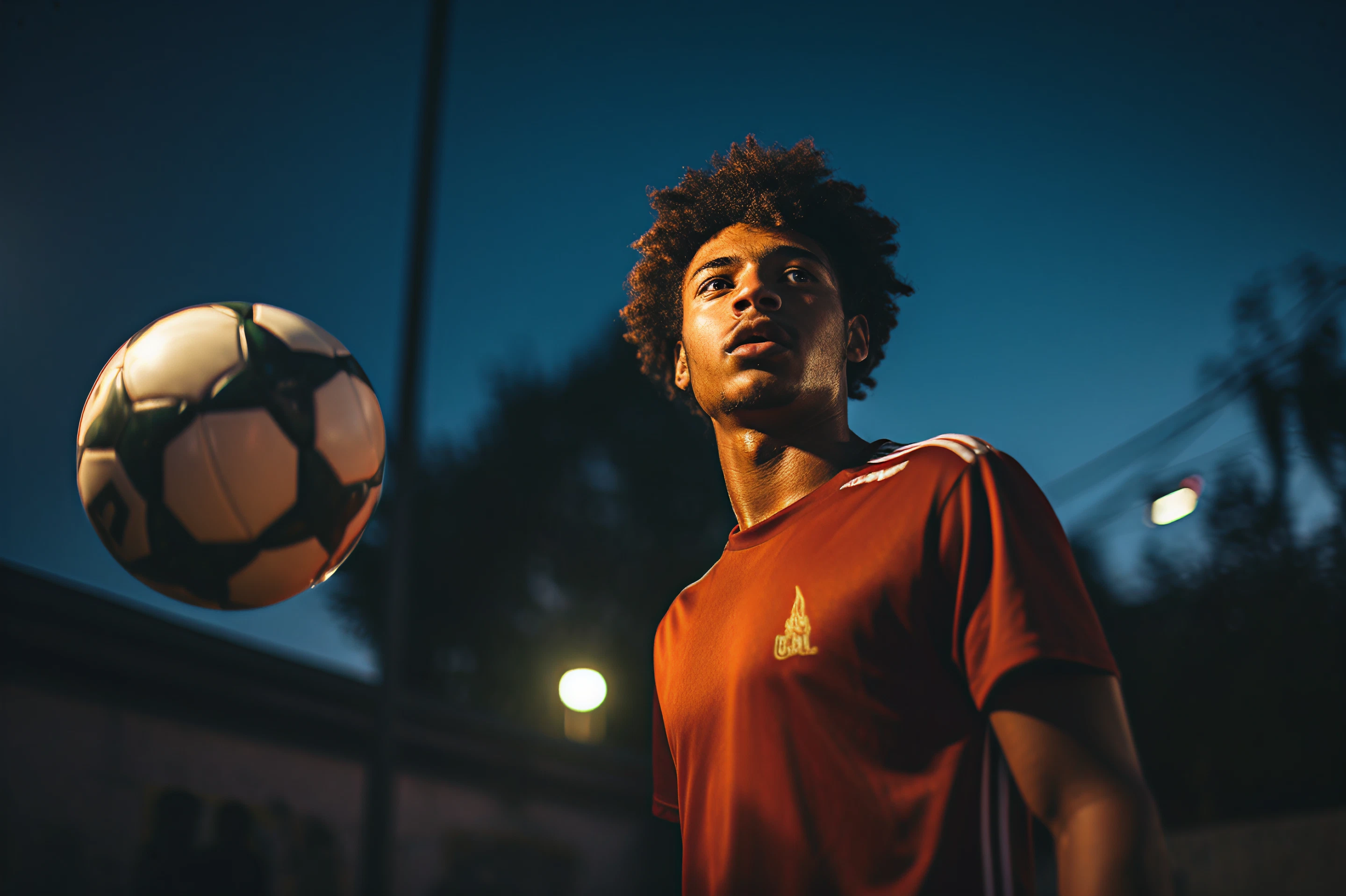 Young footballer watching a ball under the stadium lights at night